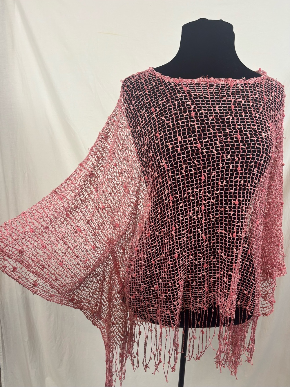 Pink Crochet Mesh Poncho Fringe Boho Festival Fairy Grunge Y2K One Size